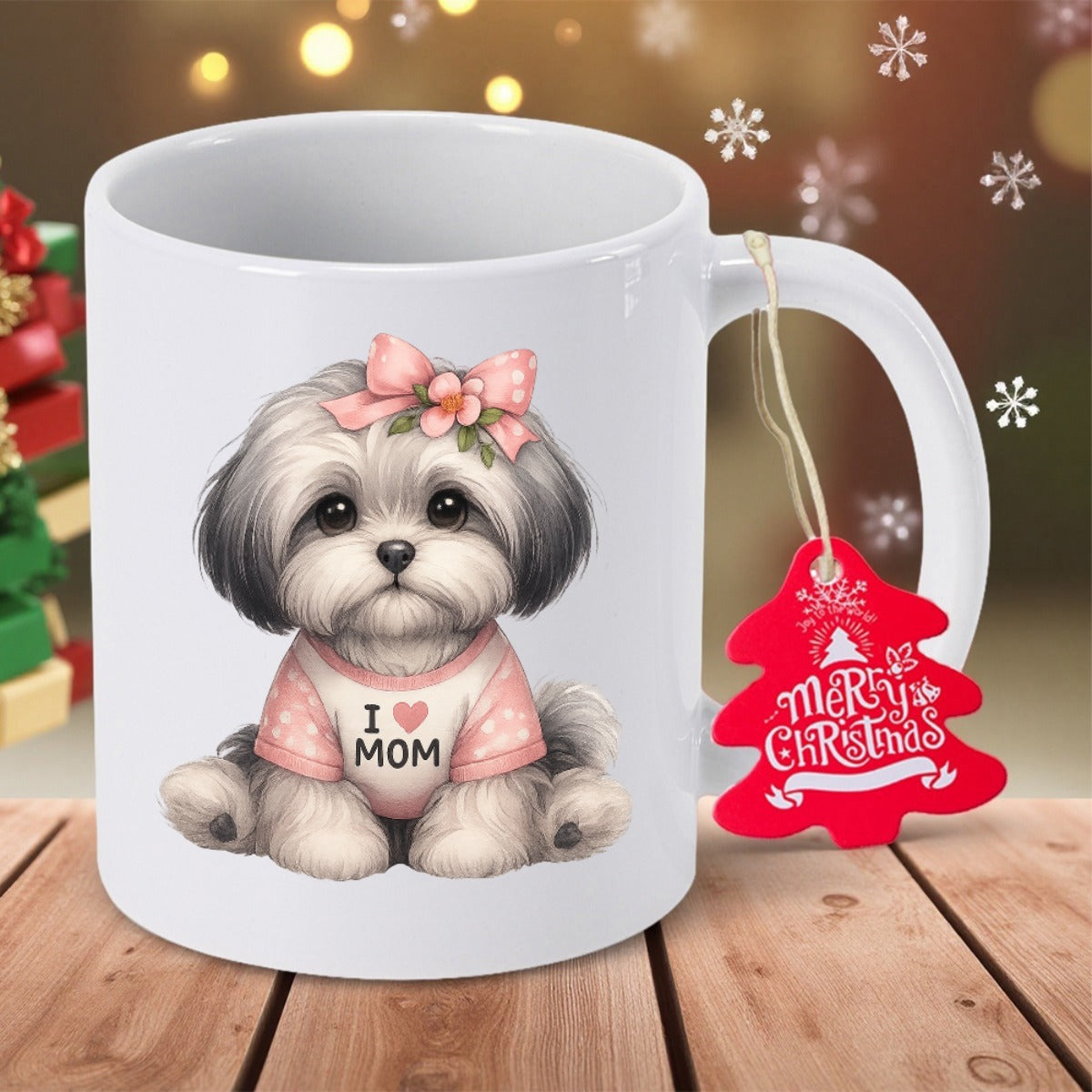 Tailorly White Ceramic 11 oz Mug - I Mom Merry Christmas Adorable Fluffy Puppy Wearing Pink Shirt And Floral Bow Sitting Peacefully Dog