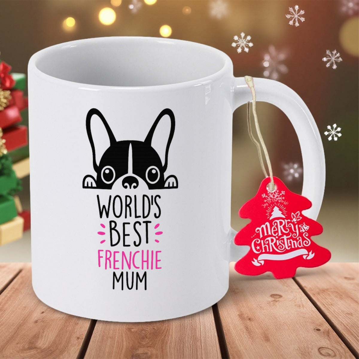 Tailorly White Ceramic 11 oz Mug - Worlds Best Frenchie Mum Merry Christmas Adorable Peeking French Bulldog Illustration Set Against White Ceramic Background