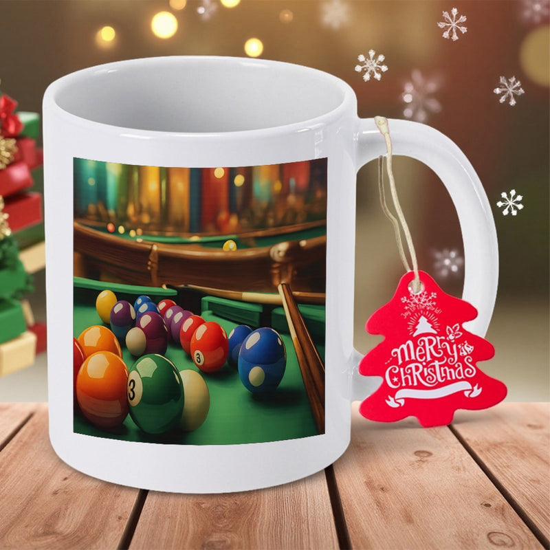 Tailorly White Ceramic 11 oz Mug - Colorful Billiard Balls Arranged On Green Felt Under Warm Atmospheric Lighting Pool Table