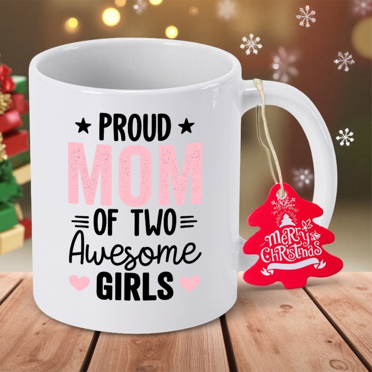 Tailorly White Ceramic 11 oz Mug - Proud Mom Of Two Awesome Girls Elegant Script With Small Pink Hearts Decorating A Smooth