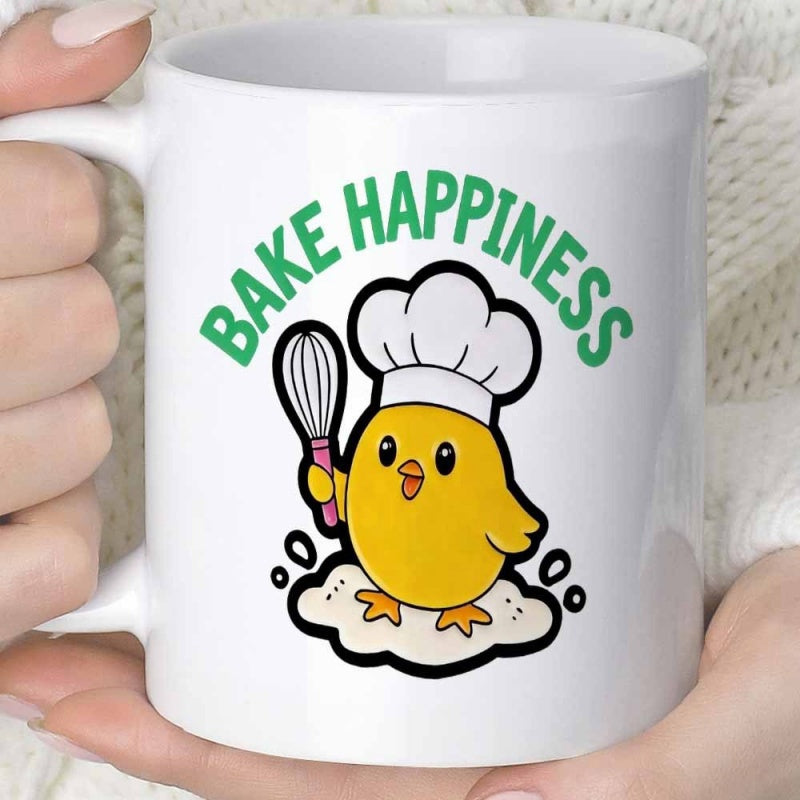 Tailorly White Ceramic 11 oz Mug - Bake Happiness Adorable Yellow Chick Wearing Chef Hat Holding Whisk Standing On Dough Chick
