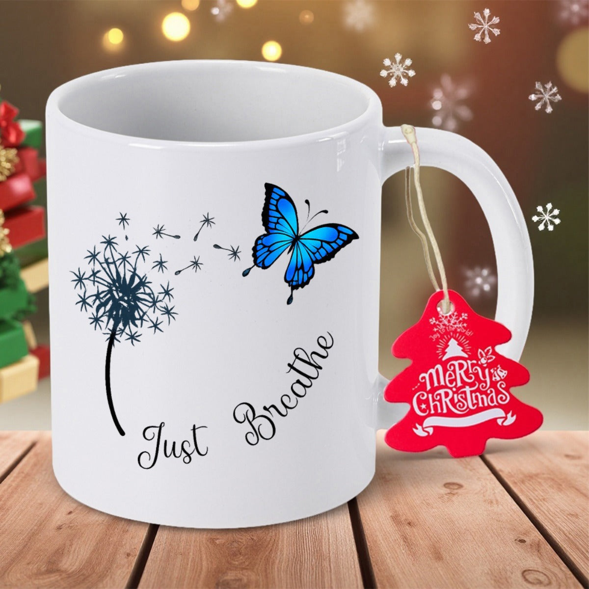Tailorly White Ceramic 11 oz Mug - Just Breathe Vibrant Blue Butterfly Flying Near Dandelion Seeds Drifting Through Gentle Breeze Butterfly