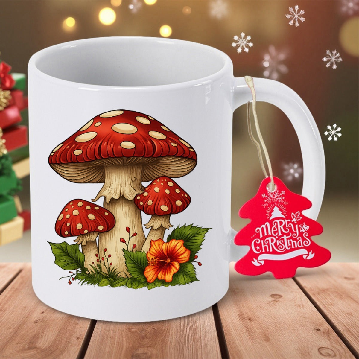Tailorly White Ceramic 11 oz Mug - Merry Christmas Red Spotted Mushrooms Growing Among Green Leaves And Vibrant Orange Flower Mushroom
