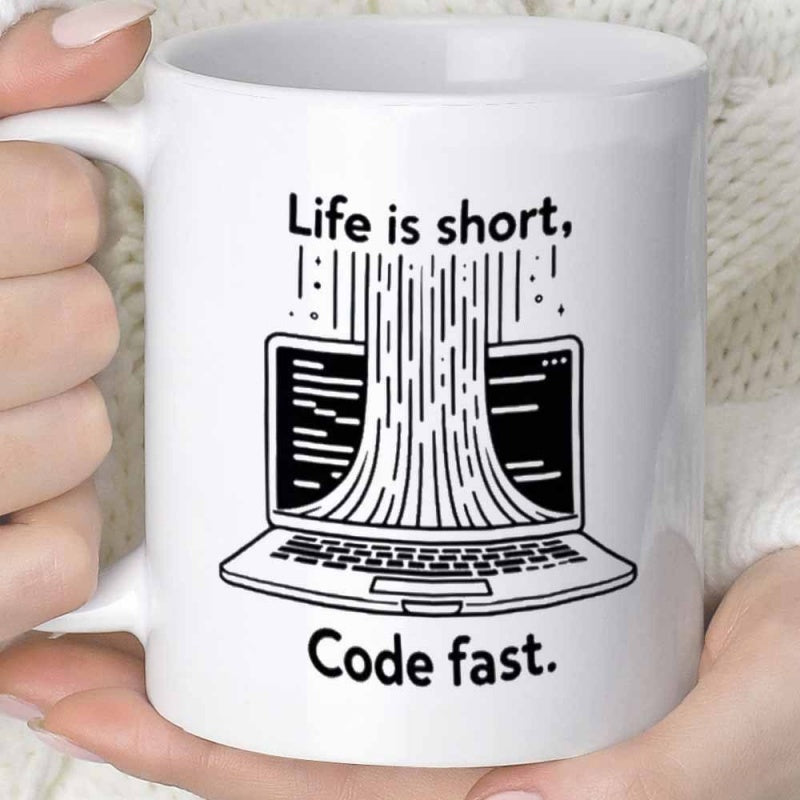 Tailorly White Ceramic 11 oz Mug - Life Is Short Code Fast Minimalist Line Art Representing Digital Data Streams Flowing Into A Laptop