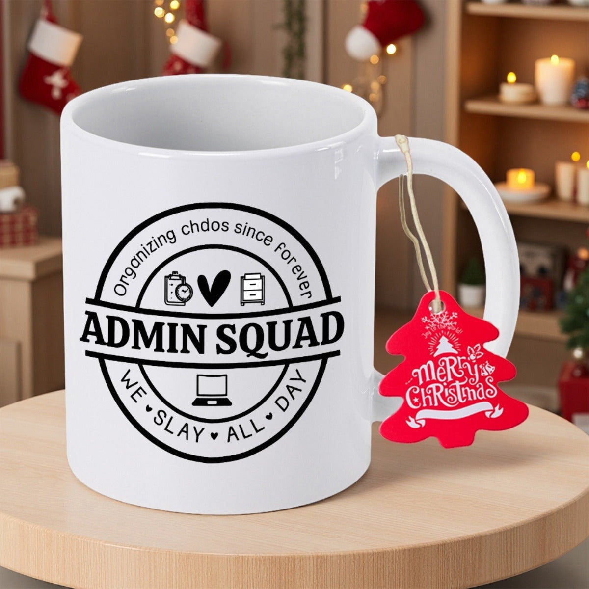 Tailorly White Ceramic 11 oz Mug - Admin Squad Organizing Chaos Since Forever We Slay All Day Circular Badge With Office Icons Featuring A Heart Laptop And Filing