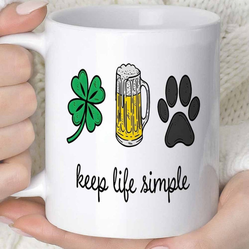 Tailorly White Ceramic 11 oz Mug - Keep Life Simple Vibrant Green Four Leaf Clover Cold Foamy Beer And Paw Design