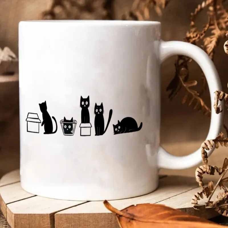 Tailorly White Ceramic 11 oz Mug - Playful Black Kittens Hiding Among Minimalist Cardboard Boxes Sitting Silhouette Cat