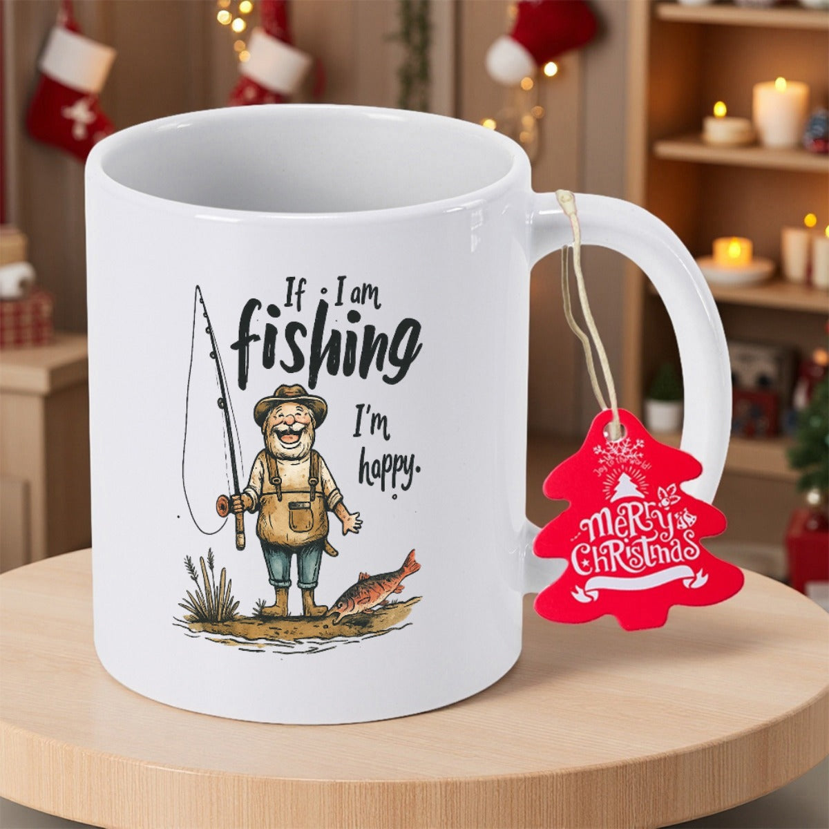 Tailorly White Ceramic 11 oz Mug - If I Am Fishing I'm Happy Happy Cartoon Animal Character Holding Fishing Rod Standing By Water Ripples Fisherman