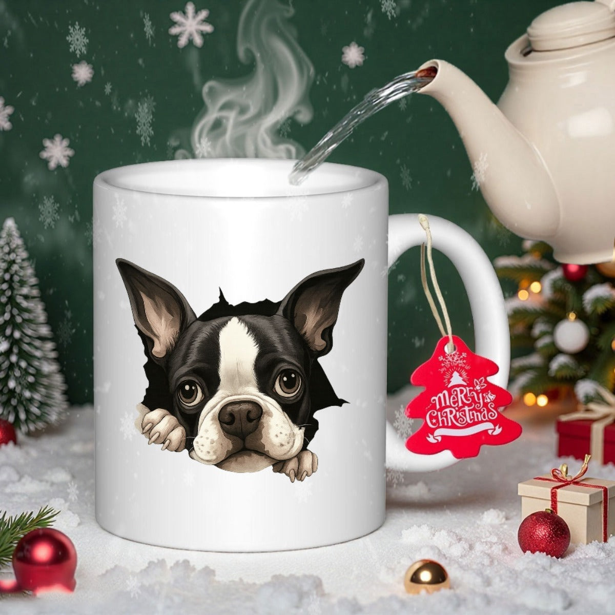 Tailorly White Ceramic 11 oz Mug - Merry Christmas Cute Black And White Boston Terrier Peeking Over Edge Dog