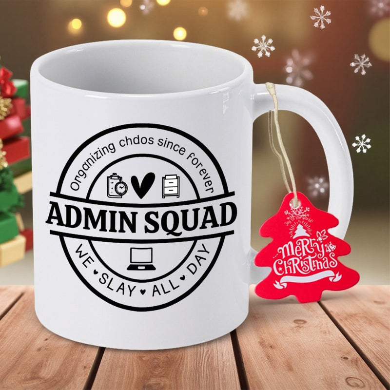 Tailorly White Ceramic 11 oz Mug - Admin Squad We Slay All Day Organizing Chaos Since Forever Minimalist Circular Badge Featuring Office Icons And Heart Symbol