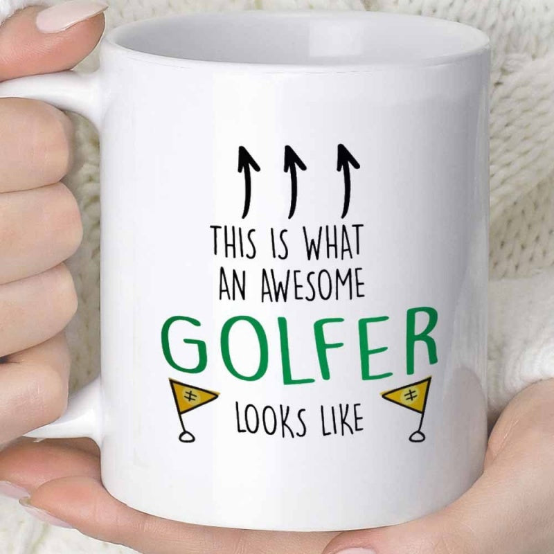 Tailorly White Ceramic 11 oz Mug - This Is What An Awesome Golfer Looks Like Simple Arrows Pointing Upward Above Green Text With Miniature Yellow Golf Flag