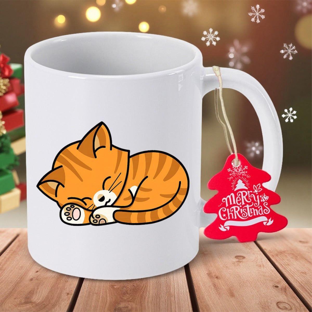 Tailorly White Ceramic 11 oz Mug - Merry Christmas Adorable Sleeping Ginger Tabby Kitten Curled Up Comfortably Cat