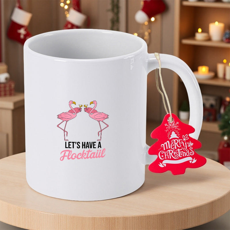 Tailorly White Ceramic 11 oz Mug - Lets Have A Flocktail Two Elegant Pink Flamingos Facing Each Other On White Ceramic Flamingo