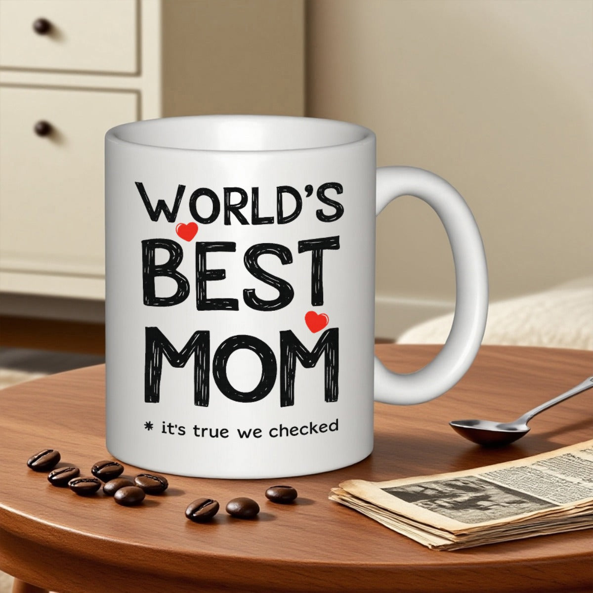 Tailorly White Ceramic 11 oz Mug - Worlds Best Mom Its True We Checked White Ceramic Cup Featuring Bold Textured Lettering And Small Red Hearts Mug
