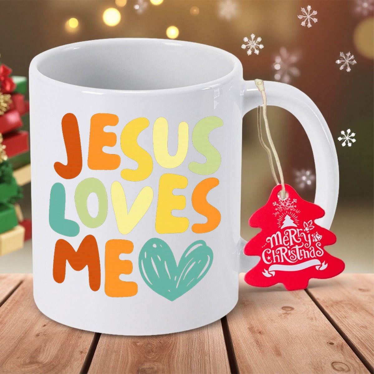 Tailorly White Ceramic 11 oz Mug - Jesus Loves Me Retro Colorful Bubble Letters With A Soft Pastel Teal Heart Mug