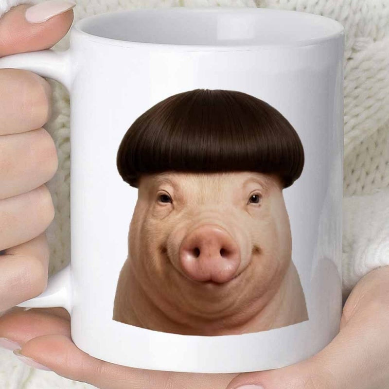 Tailorly White Ceramic 11 oz Mug - Funny Smiling Farm Animal Wearing Dark Brown Bowl Cut Wig Pig