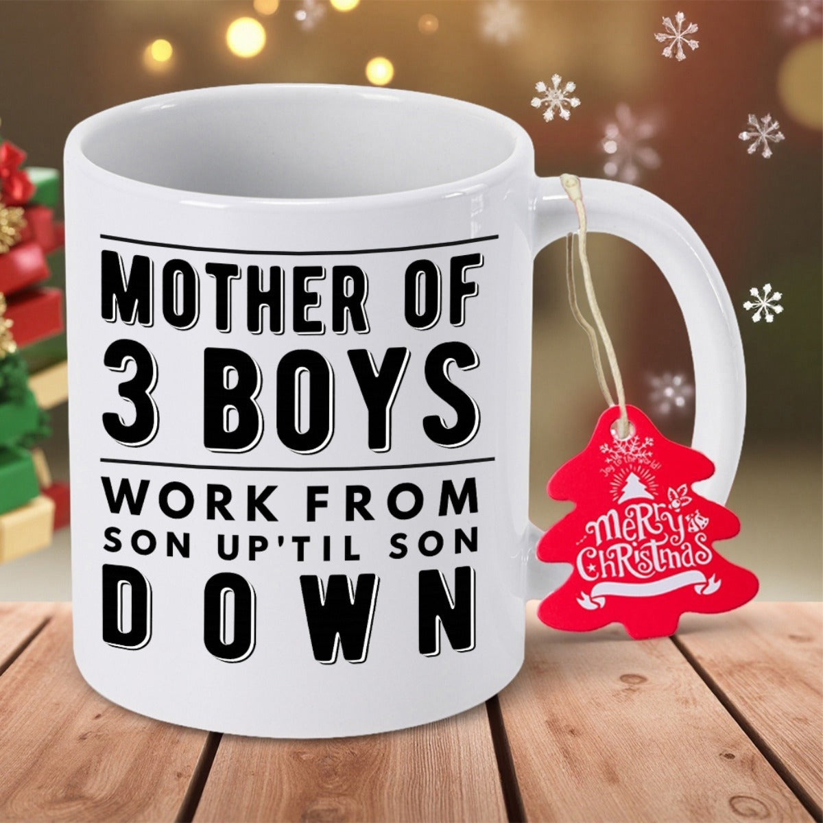 Tailorly White Ceramic 11 oz Mug - Mother Of 3 Boys Work From Son Up Til Son Down Bold Black Typography With Horizontal Lines Featuring Decorative Modern