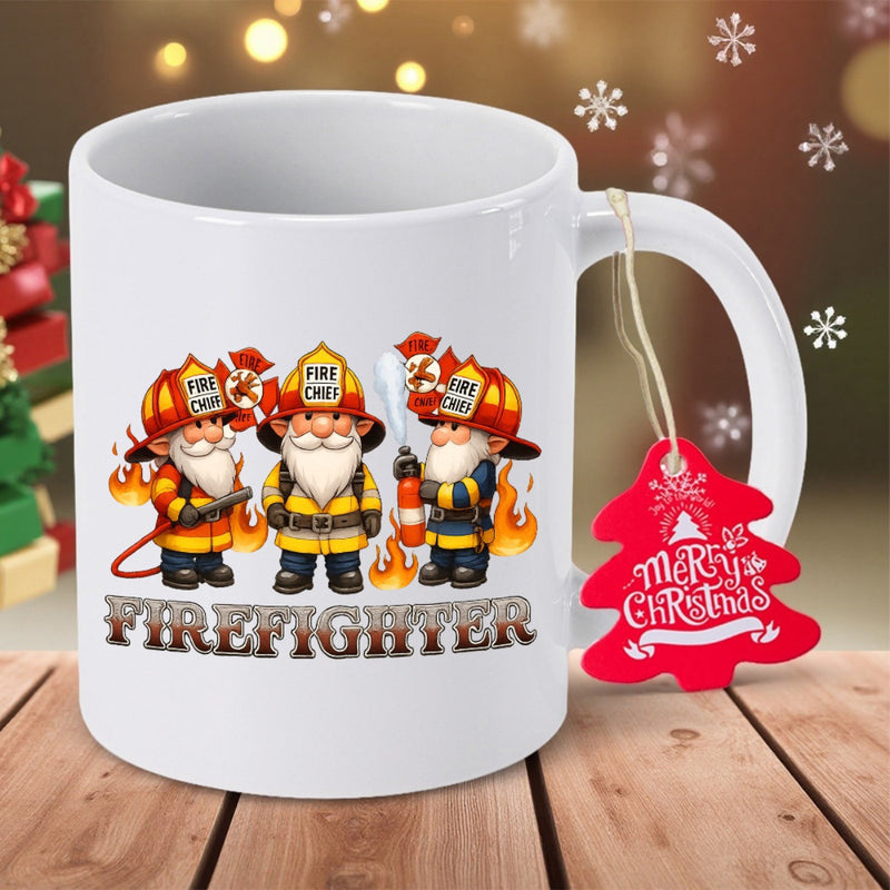 Tailorly White Ceramic 11 oz Mug - Fire Chief Firefighter Merry Christmas Three Brave Little Gnomes Dressed In Protective Gear Among Flickering Flames Holding Fire