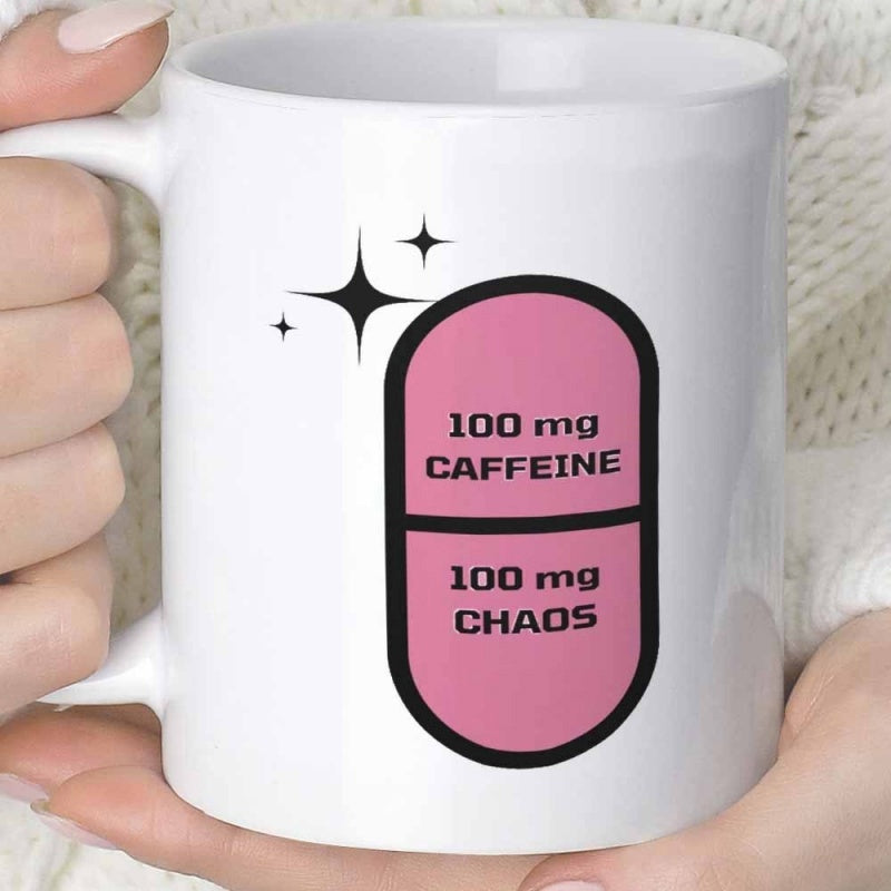Tailorly White Ceramic 11 oz Mug - 100 Mg Caffeine 100 Mg Chaos Minimalist Pink Medical Capsule With Sparkling Stars And Decorative Text Pill