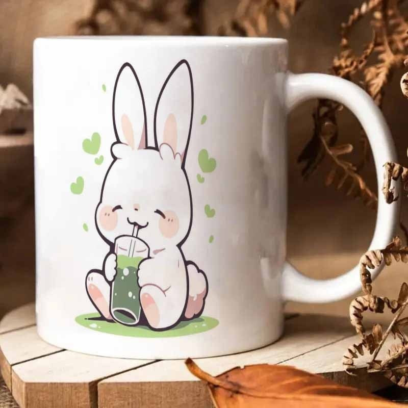 Tailorly White Ceramic 11 oz Mug - Cute White Bunny Holding Green Juice Surrounded By Tiny Floating Hearts Rabbit