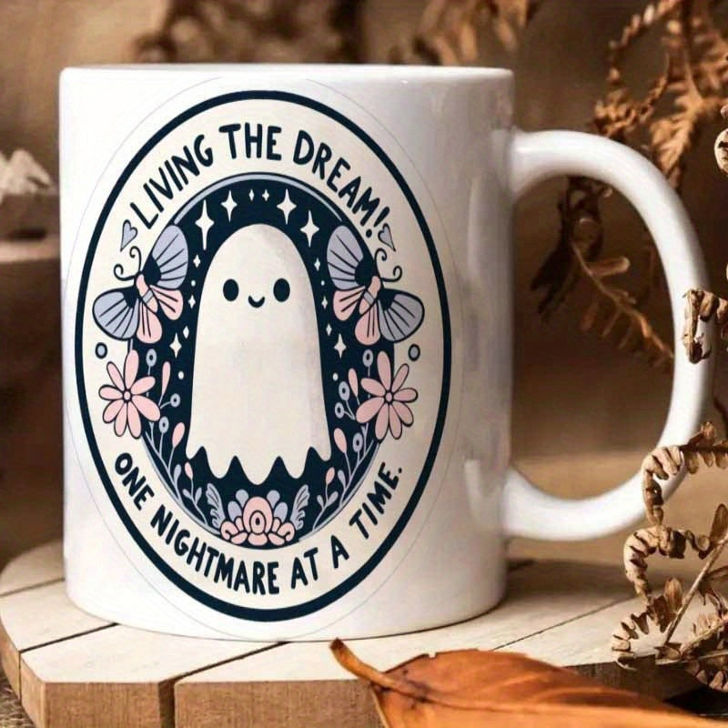 Tailorly White Ceramic 11 oz Mug - Living The Dream One Nightmare At A Time Smiling Ethereal Creature Surrounded By Delicate Flowers And Fluttering Night