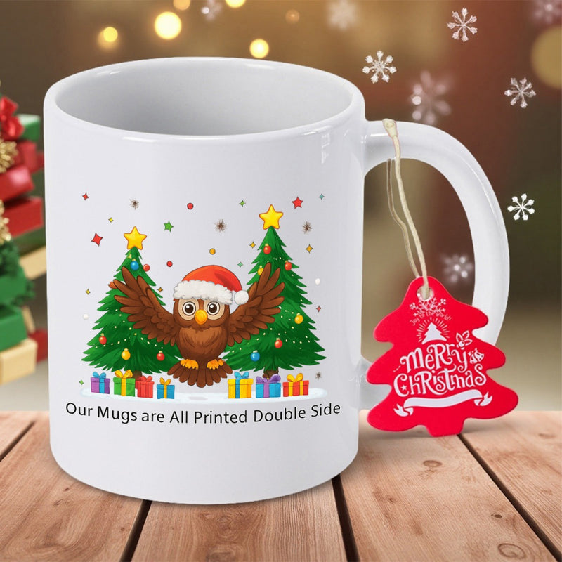 Tailorly White Ceramic 11 oz Mug - Merry Christmas Festive Bird Wearing Red Santa Hat Between Two Decorated Christmas Trees Owl