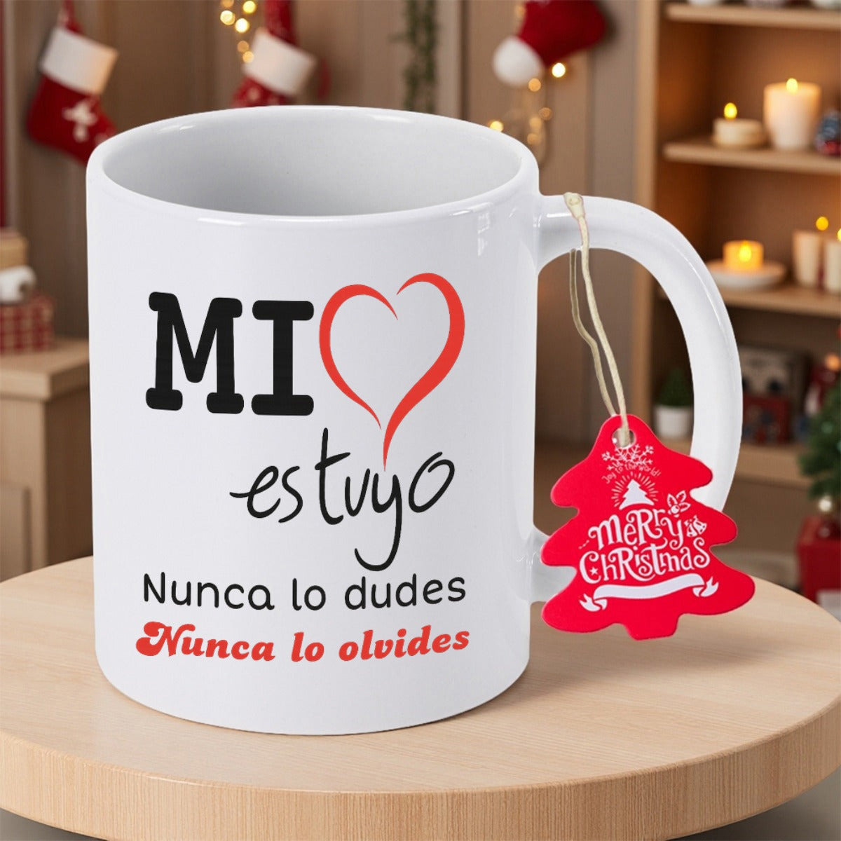Tailorly White Ceramic 11 oz Mug - Merry Christmas Minimalist Romantic Heart Design Printed On Smooth Mug