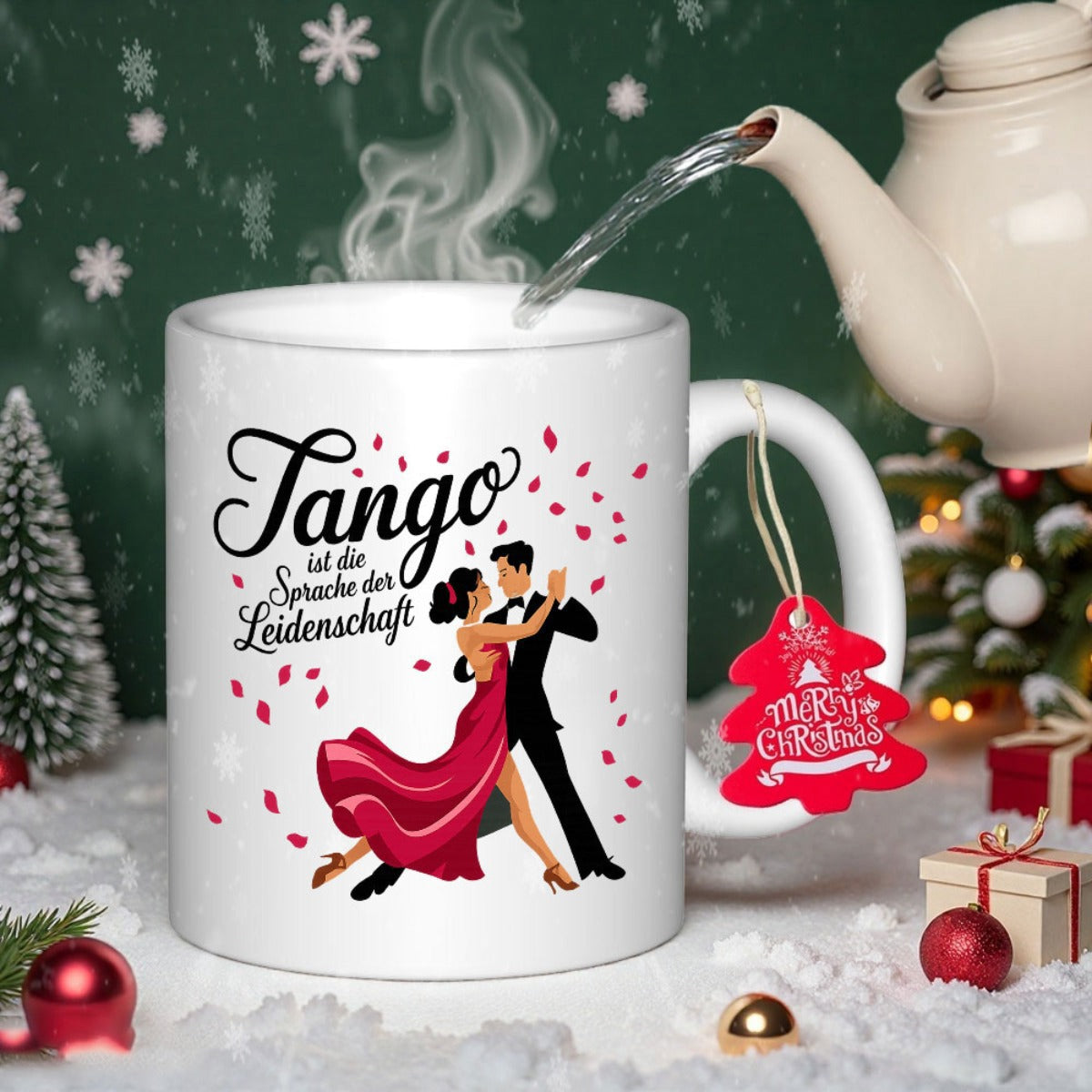 Tailorly White Ceramic 11 oz Mug - Romantic Couple Dancing Tango With Red Dress Among Floating Pink Petals Dancers