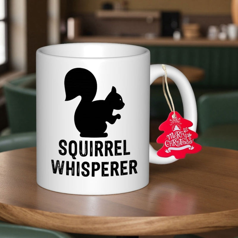 Tailorly White Ceramic 11 oz Mug - Squirrel Whisperer Minimalist Black Silhouette Of A Playful Forest Creature Squirrel