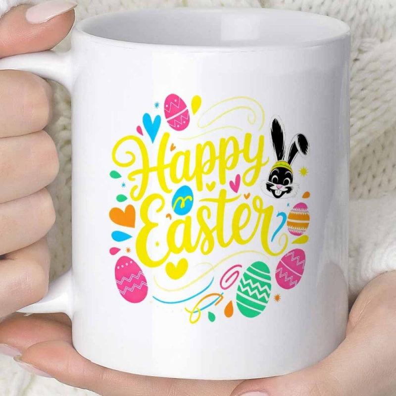 Tailorly White Ceramic 11 oz Mug - Happy Easter Colorful Eggs With Hearts And Swirls Surrounding A Cute Festive Cartoon Bunny