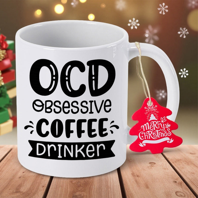 Tailorly White Ceramic 11 oz Mug - OCD Obsessive Coffee Drinker Minimalist White Ceramic Vessel Featuring Bold Black Typography And Decorative Banner Mug