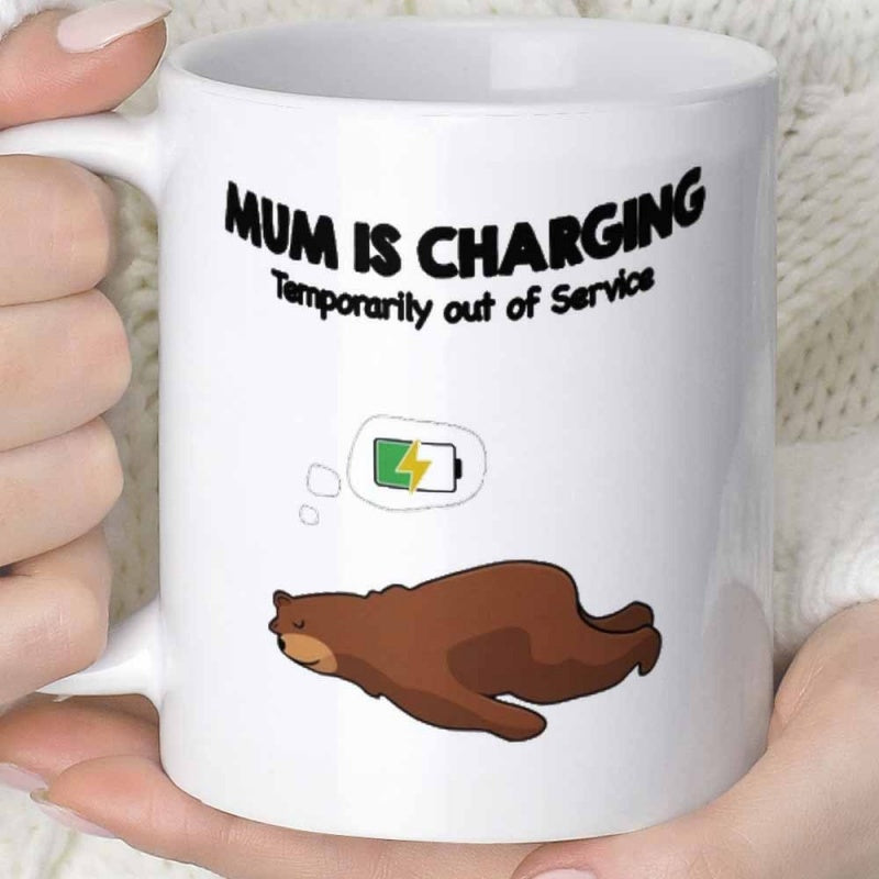 Tailorly White Ceramic 11 oz Mug - Mum Is Charging Temporarily Out Of Service Sleeping Brown Bear Charging Under A Thought Bubble Battery Symbol Bear