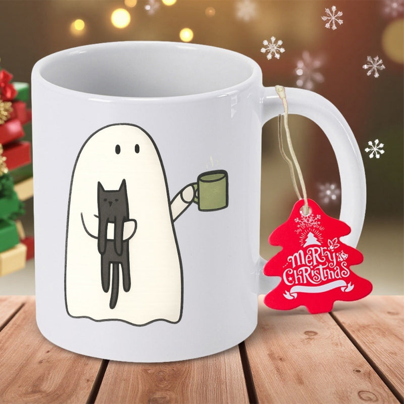 Tailorly White Ceramic 11 oz Mug - Cute Little Cartoon Ghost Holding A Small Black Cat And Mug Ghost