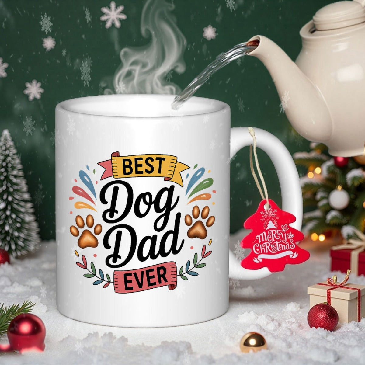 Tailorly White Ceramic 11 oz Mug - Best Dog Dad Ever Festive Design Featuring Paw Prints And Colorful Decorative Banners Mug