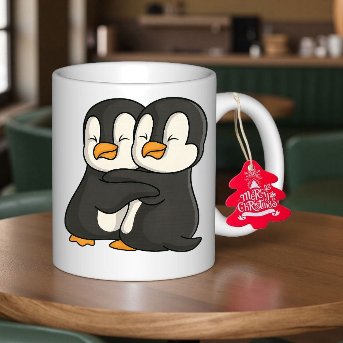Tailorly White Ceramic 11 oz Mug - Two Adorable Cartoon Penguins Sharing A Warm Heartfelt Hug Together Penguin
