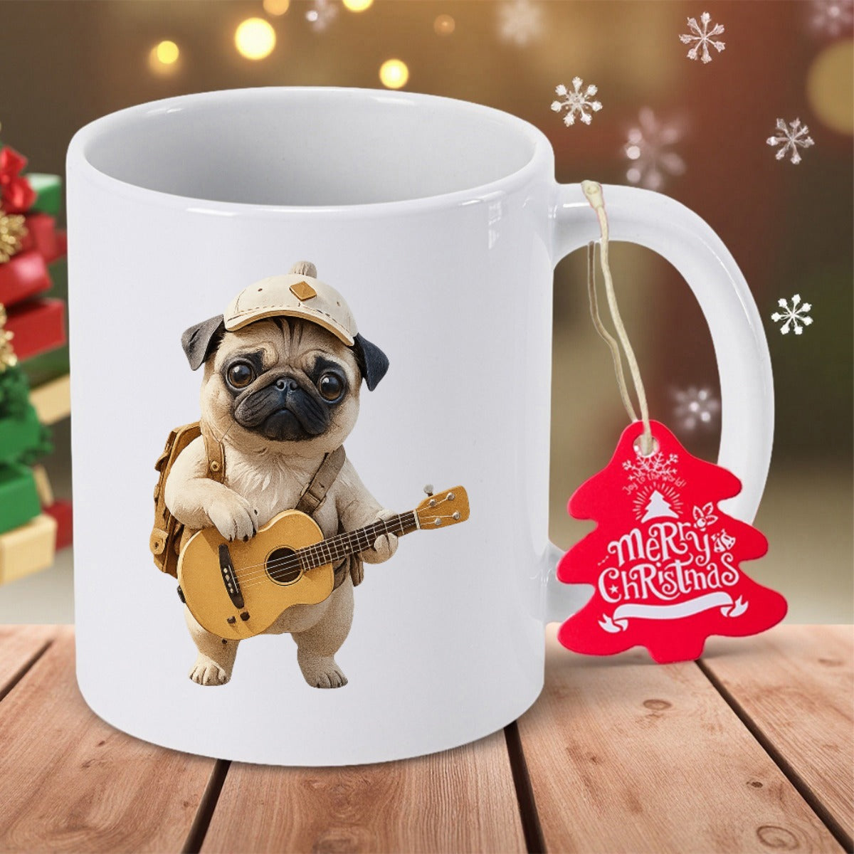 Tailorly White Ceramic 11 oz Mug - Merry Christmas Adorable Little Traveling Dog Wearing Hat And Backpack Playing Small Guitar Pug