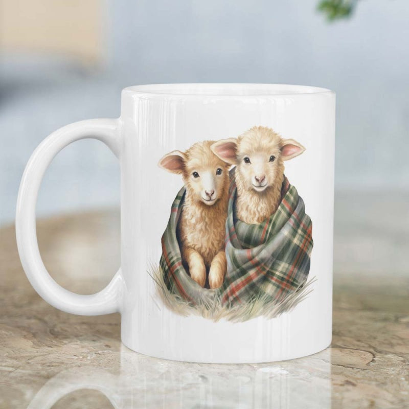Tailorly White Ceramic 11 oz Mug - Two Cute Fluffy Lambs Wrapped Comfortably Inside A Warm Plaid Blanket Lamb