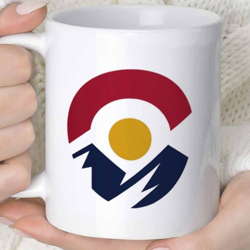 Tailorly White Ceramic 11 oz Mug - Geometric Minimalist Flag Colors Rising Over Jagged Dark Blue Peak Scenic Mountain