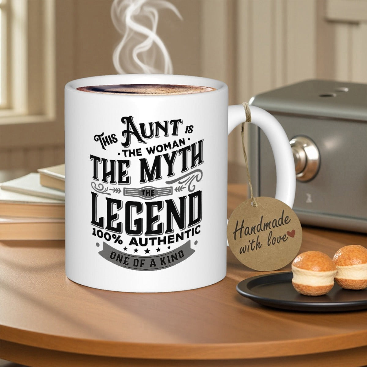 Tailorly White Ceramic 11 oz Mug - This Aunt Is The Woman The Myth The Legend Vintage Decorative Typographic Design Featuring Bold Artistic Lettering And Classic