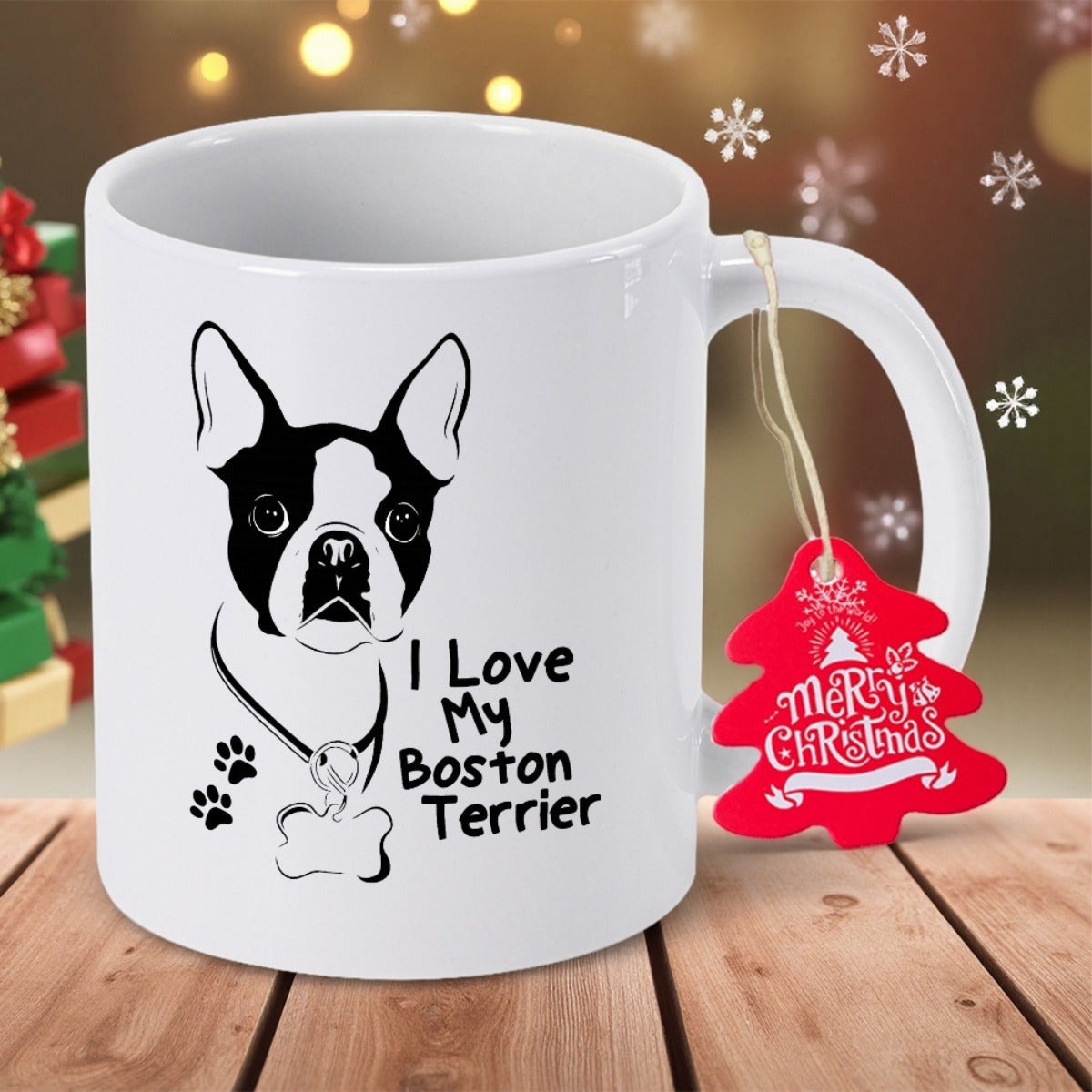 Tailorly White Ceramic 11 oz Mug - I Love My Boston Terrier Simple Black Ink Line Drawing Of A Cute Alert Dog Terrier