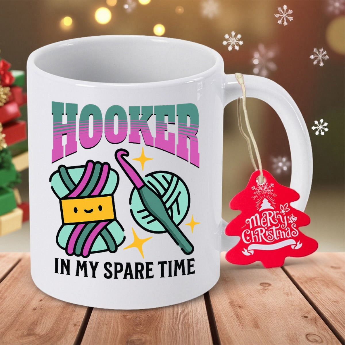 Tailorly White Ceramic 11 oz Mug - Hooker In My Spare Time Kawaii Yarn Balls Featuring A Hook Among Twinkling Bright Yellow Sparkles Yarn