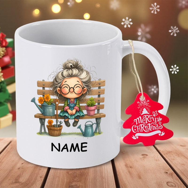 Tailorly White Ceramic 11 oz Mug - Merry Christmas Cute Elderly Woman Sitting On Bench With Gardening Tools And Flowers Grandmother