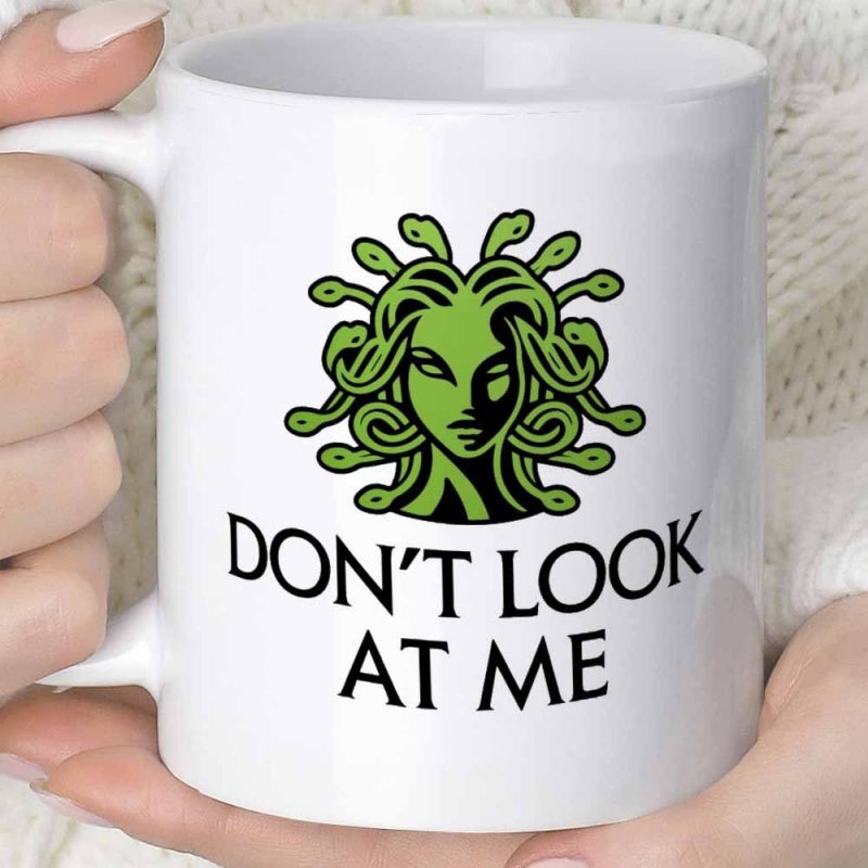 Tailorly White Ceramic 11 oz Mug - Don't Look At Me Green Stylized Mythological Creature Featuring Snakes For Hair And Intimidating Gaze Medusa
