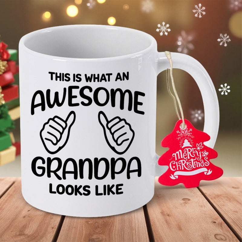 Tailorly White Ceramic 11 oz Mug - This Is What An Awesome Grandpa Looks Like Polished Featuring Dual Thumbs Up Line Art Design Mug