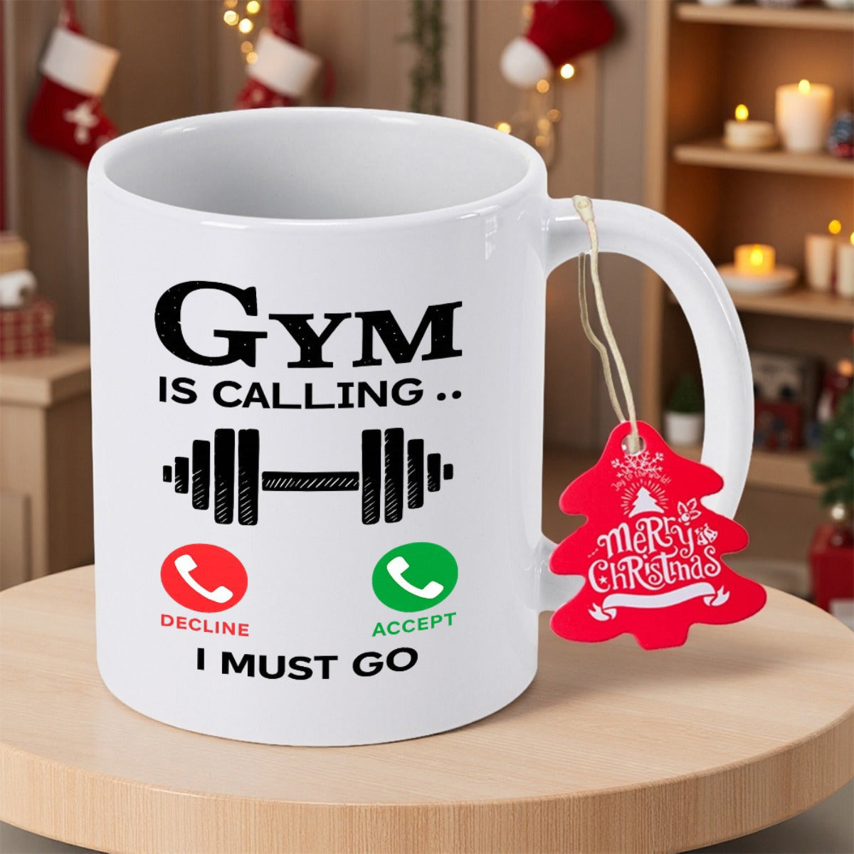 Tailorly White Ceramic 11 oz Mug - Gym Is Calling Decline Accept I Must Go Minimalist Black Weights Representing Fitness Lifestyle Inside A Phone Calling Screen