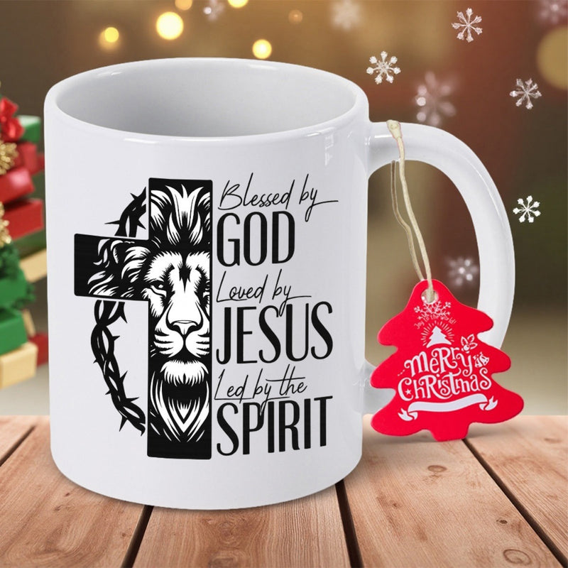 Tailorly White Ceramic 11 oz Mug - Blessed By God Loved By Jesus Led By The Spirit Majestic Half Lion Face Combined With Cross And Crown Of Thorns Sacred Lion
