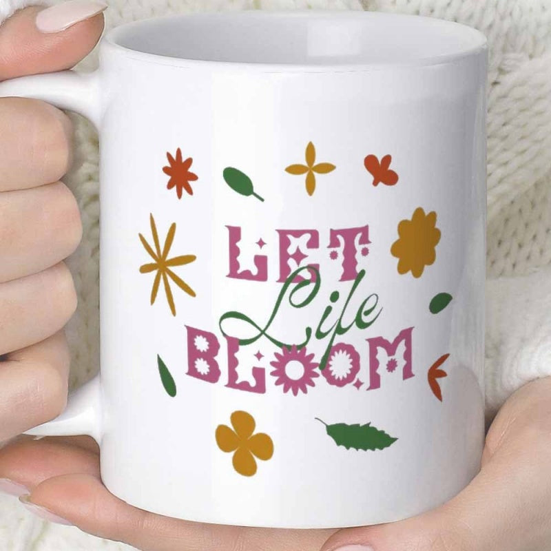 Tailorly White Ceramic 11 oz Mug - Let Life Bloom Minimalist Colorful Petals And Autumn Leaves Floating In Serene Circular Pattern Flower