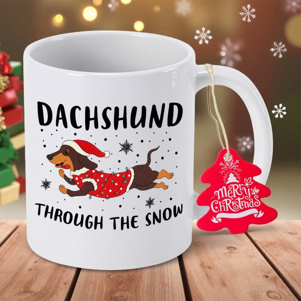 Tailorly White Ceramic 11 oz Mug - Dachshund Through The Snow Playful Dog Running In Red Holiday Sweater And Hat Among Snowflakes Dachshund