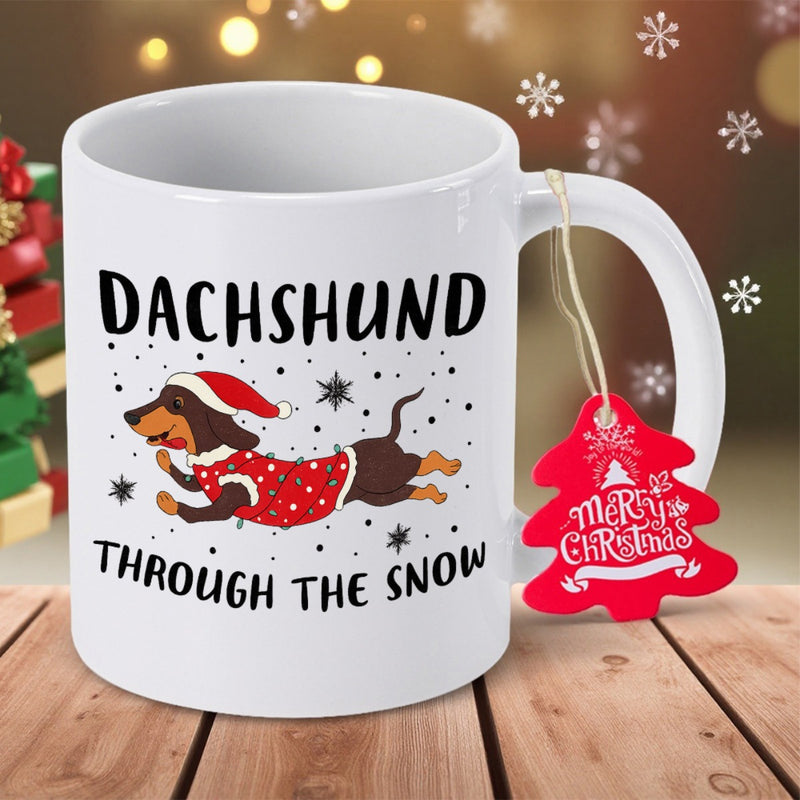 Tailorly White Ceramic 11 oz Mug - Dachshund Through The Snow Playful Dog Running In Red Holiday Sweater And Hat Among Snowflakes Dachshund