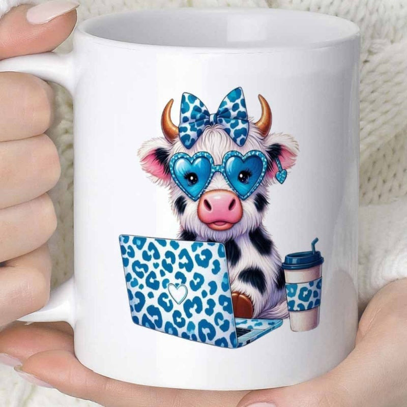 Tailorly White Ceramic 11 oz Mug - Adorable Spotted Animal Wearing Blue Heart Glasses Using A Leopard Laptop Cow